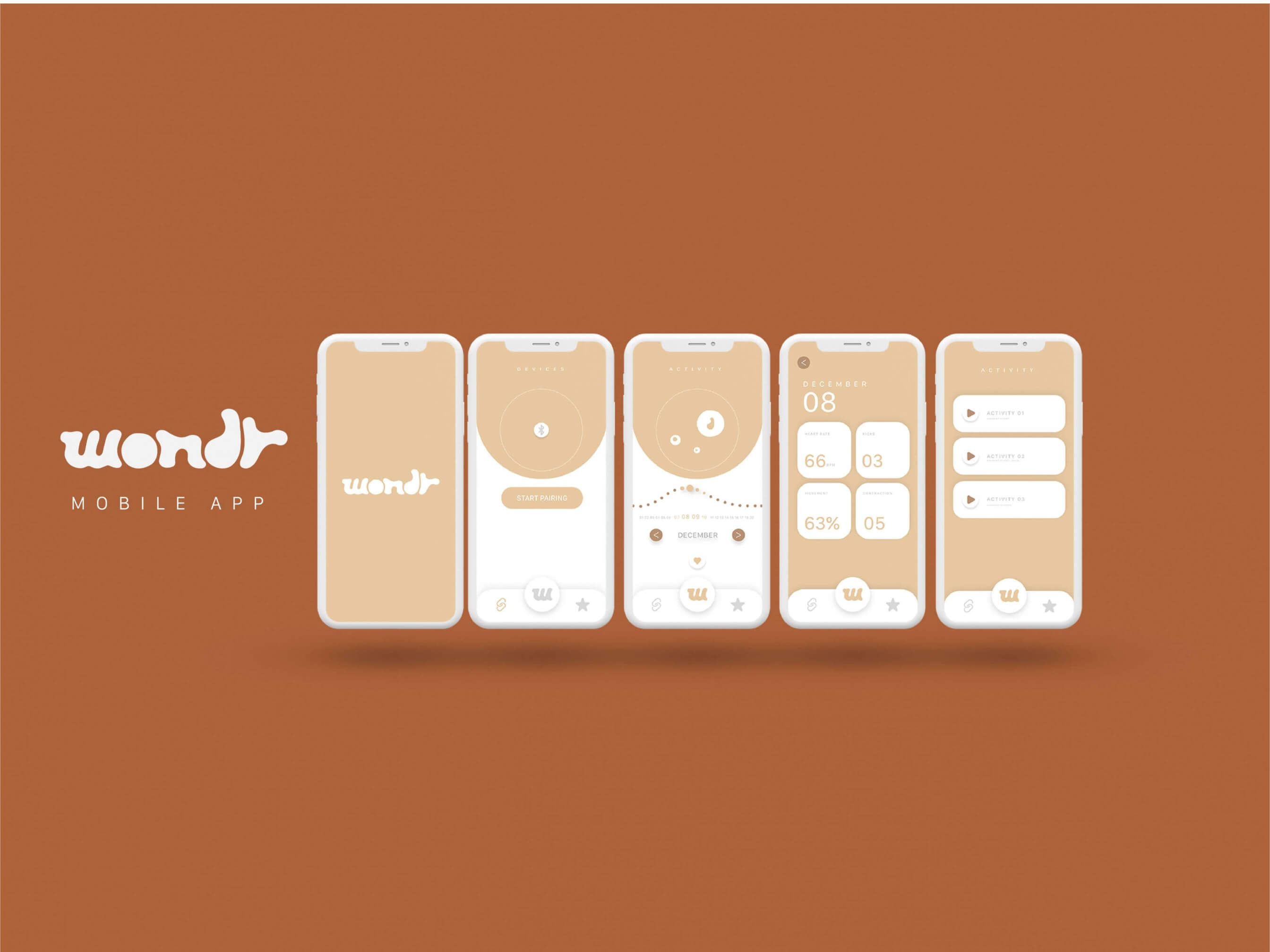 WondR mobile app detailed screens showing pregnancy tracking, activity monitoring, and audio controls across multiple interfaces